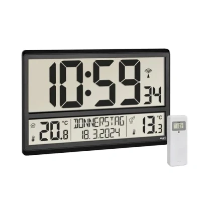 Imagen de TFA Dostmann 60.4521.01 Reloj de Pared Digital XL con Temperatura Exterior, Interior, día la Semana (8 Idiomas), Radio, Fecha, Color Negro (360 x 235 28 mm (84)