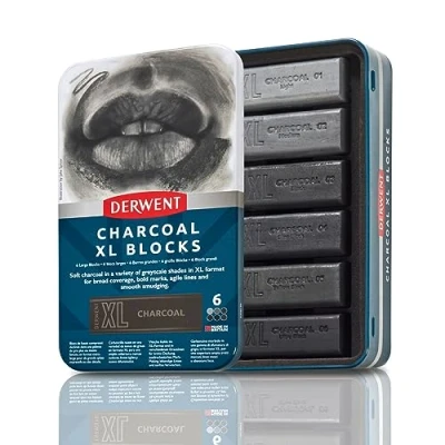 Imagen de Derwent 2306196 Barras de Colores XL Carboncillo, Caja Metálica 6 Extra Largas 60mm, Solubles en Agua, Ideales para Bocetos, Dibujo y Bellas Artes, Calidad Profesional