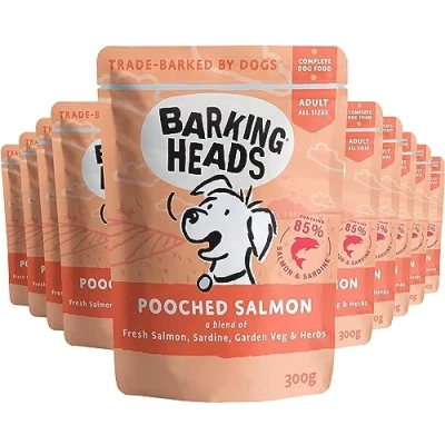 Imagen de Barking Heads Comida Húmeda para Perros Pooched Salmon Salmón sin aromas artificiales, 85% Natural, Receta cereales con vitaminas y minerales añadidos (10 x 300 g)
