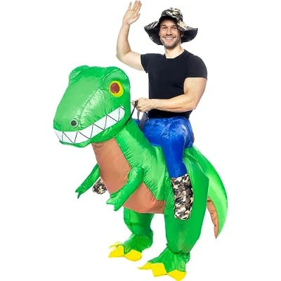 Imagen de Funidelia Disfraz a hombros de dinosaurio explorador hinchable para hombre y mujer Animales, T Rex, Jurassic Park adultos accesorios Carnaval Halloween Talla única Verde