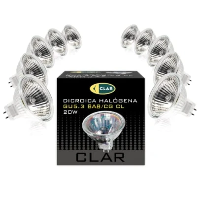 Imagen de CLAR Bombilla Halogena, Bombillas Halogenas, Focos Halógenos, 12V, 12 Voltios, GU5.3 MR16 20W (Pack 10)