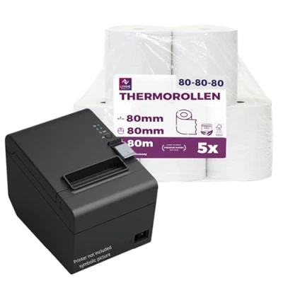 Imagen de papel térmico 80x80 Rollo para impresora termica Rollos de tickets 80mm 80x80x12 caja registradora negocio y bar (5 ud.)