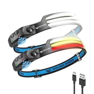 Imagen de Smiling Shark Linterna Frontal, 230Gran Angular 3*Tiras Luz LED Blanco de la Headlight Más Brillante Recargable con Sensor Movimiento Impermeable Camping Ciclismo, Frontal Cabeza Light