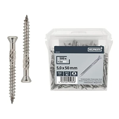 Imagen de HELPMATE Tornillos de terraza 5 x 50 acero inoxidable A2 500 unidades para tablones + 2 puntas T25 terrazas exteriores (construcción terrazas, casas jardín,