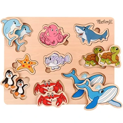 Imagen de PikatoyZ Juguete Bebe 1 año, 2 y 3 años. Juegos educativos Compuesto por Rompecabezas de Animales Marinos. Juguetes Montessori Puzzle Madera para bebé, niño o niña.