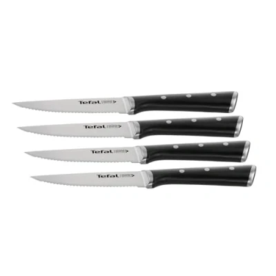 Imagen de Tefal Ingenio Ice Set de 4 Cuchillos Carne 11 cm, acero cepillado, cuchillo una sola pieza, mango remachado, negro, sierra