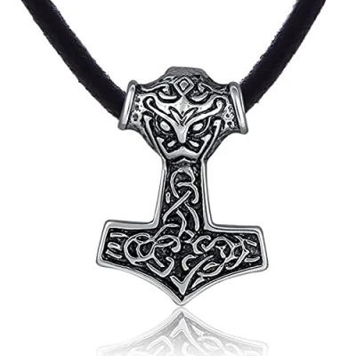Imagen de DonDon Collar de Cuero 50 cm y Colgante Martillo Thor Acero Inoxidable para Hombres en Bolsa Terciopelo Color Negro