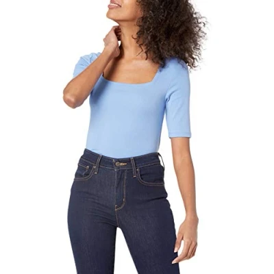Imagen de Amazon Essentials Camiseta Entallada con Media Manga y Cuello Cuadrado Mujer, Azul, L