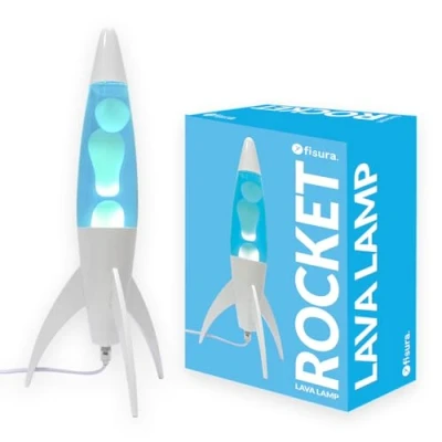 Imagen de Fisura Lámpara de lava azul “rocket. Base blanca, líquido y blanca. retro con bombilla repuesto. 20 cm x 45 cm.