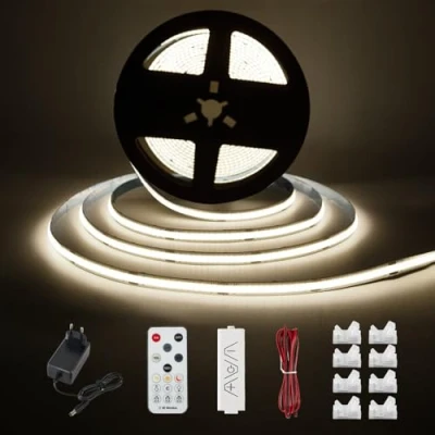 Imagen de Enteenly Tira LED COB Blanco Frío 5 Metros, Kit de Luz para Bajo Gabinete con Control Remoto RF Vitrina, Cocina, Escritorio, Estante, Armario, Incluye Adaptador 24V, 6500K