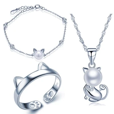 Imagen de Juegos de joyas Set Yumilok plata ley 925, con cadena colgante gato, perla 8 mm y circonitas, pulsera adorno anillo, para mujeres Chicas
