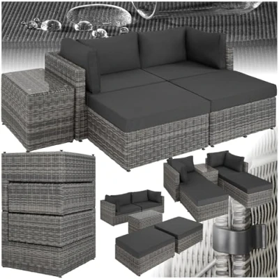 Imagen de tectake® Sillón Doble de Ratán y Aluminio, Conjunto Jardín 2 Sillones, Taburetes, 1 Mesa, Mueble Exterior con Cojines 10 cm, Terraza Resistente a Intemperie gris claro/gris osc.
