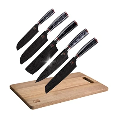 Imagen de MasterPro Tetsu Cuchillos de Cocina Set 5 Japoneses y Tabla Cortar Profesional Reforzado, Equilibrado con Revestimiento Titanio