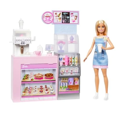 Imagen de Barbie Tú Puedes Ser Muñeca barista con cafetería, set de juego máquina batidos y café, mostrador, estantería accesorios bar, juguete profesiones +3 años (HXN94)
