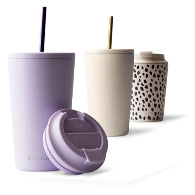 Imagen de MAMEIDO Termo Cafe con Pajita y Tapa 470ml Vaso Termico Antigoteo, Taza Termica acero inox sin BPA, para llevar (Lavender Haze, 0,47l)