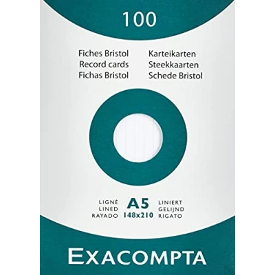 Imagen de Exacompta Bristol Tarjeta de registro, Rayado, A5, paquete 100 tarjetas, Blanco, tarjetas
