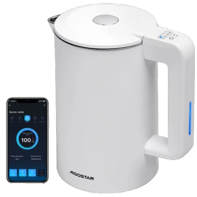 Imagen de Aigostar Inteligente Hervidor de Agua Temperatura Regulable 40C a 100C, Conexión Wi Fi, Alexa y Google Home. Doble Pared Acero Inoxidable, 2200W, 1,7L, Mantener Caliente 24 hora, Blanco