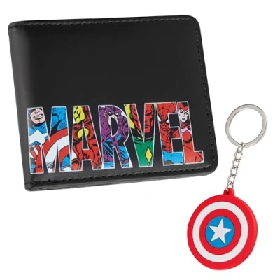 Imagen de Marvel Cartera de Dibujos para Hombres y Adolescentes Monedero Chico con Diseño Groot Incluye Llavero (Negro Captain America)