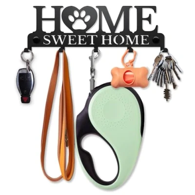Imagen de SirHoldeer Home Sweet Estante de Pared para Correas Perros Decorativo 5 Ganchos Amantes los Animales Acero Inoxidable Resistente Fácil Montaje Negro 275 x 90 mm