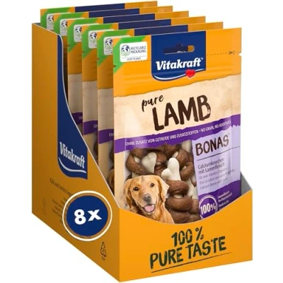 Imagen de Vitakraft Snacks de Carne, Pure Lamb Bonas, Huesos Calcio con Cordero, sin Cereales, en Bolsa resellable, azúcar añadido (8 x 80 g)