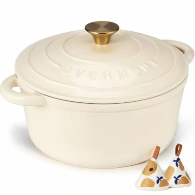 Imagen de Overmont Olla de Hierro Fundido Esmaltado Cacerola Holandesa Redonda Ø26 CM con Tapa Dutch Oven Antiadherente para Guisar Cocinar Hornear Cazuela Aptas Inducción 5,2L Blanco