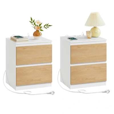 Imagen de VASAGLE Mesita de Noche con Regleta Enchufes, Juego 2, Mesa Auxiliar, 2 Cajones, Tomas AC, 1 Puerto USB A, C, Sala Estar, Dormitorio, Moderno, Amarillo Almendra LET821Y02