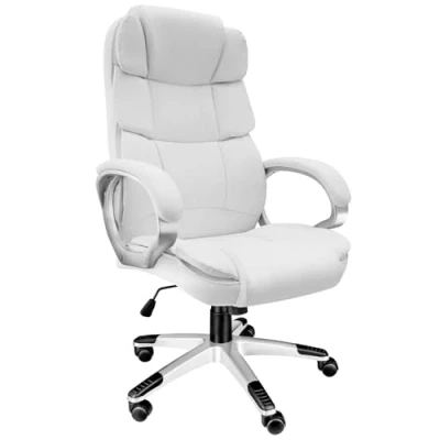 Imagen de TecTake® Silla de Oficina Ergonómica, Piel Sintética, Giratoria, con Reposacabezas Acolchado y Ajuste Altura, Base Ruedas, Sillón Escritorio, Amortiguador Seguridad Blanco