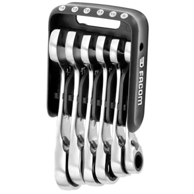 Imagen de FACOM Juego con Soporte de 6 Llaves Mixtas Cortas Trinquete, Visibilidad y Acceso Rápido, Resistente a Productos Químicos e Impactos, Cumple Normas NF ISO DIN, 467BS.JP6PB