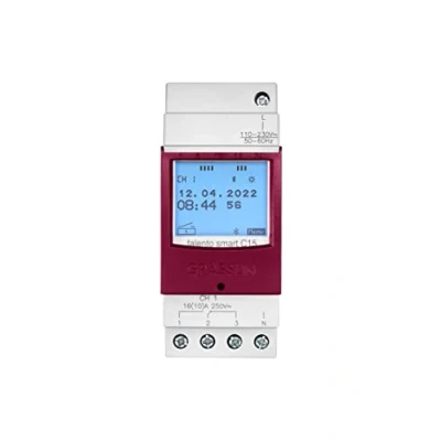 Imagen de GRÄSSLIN 43.03.0001.1 Talento Smart C15 Interruptor Horario Digital con Interfaz Inalámbirco Bluetooth 4.0 1 Canal Montaje Carril DIN Programación Movil a través de la App AC 110 230 V