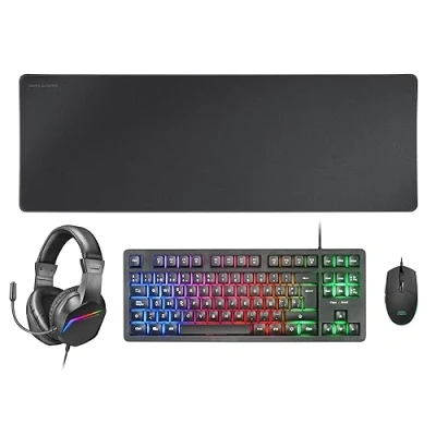 Imagen de Mars Gaming MCP RGB3, Pack Teclado Fixed RGB + Ratón Flow 3200 dpi Auriculares Over Ear Alfombrilla XXL, Negro, Idioma Portugués
