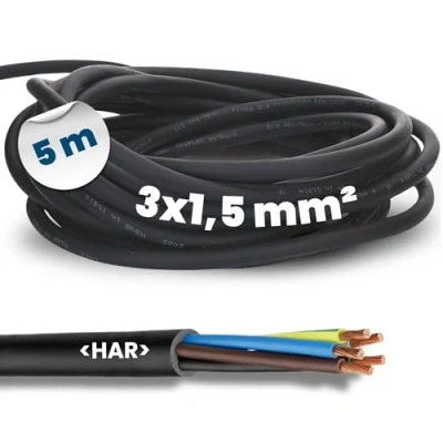 Imagen de Kalitec H07RN F cable de goma (5 m, 3 x 1,5 mm², con conductor protección para exteriores, eléctrico negro, flexible, resistente a los rayos UV y al aceite, conexión