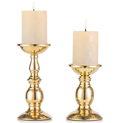 Imagen de Nuptio candelero columnario del Hierro, Decorativo de Mesa para Boda/Fiesta/cumpleaños, artículo la Cena a Las Velas, Retro hogar (Oro, 16cm H + 22cm H)