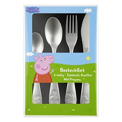 Imagen de Peppa Pig Cubertería infantil (4 piezas, con cuchillo, tenedor, cuchara de sopa y postre, cubiertos relieve acero inoxidable