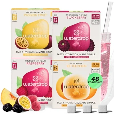 Imagen de waterdrop® Microdrink Mix, 48 Pastillas Saborizantes Para Agua, Bebidas Mix 4 Sabores Afrutados Sin Azúcar, baja en calorías y con vitaminas, Bebida Instantánea, Polvo de Hidratación, Botella