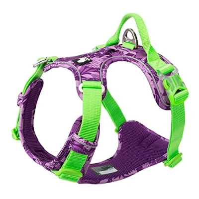 Imagen de Arnés para perro, sin tirones, ajustable, reflectante, de nailon suave, mascotas pequeñas y grandes TLH5653 (XL, camuflaje morado)