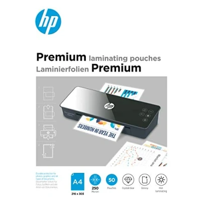 Imagen de HP Paquete de 50 láminas para plastificar en caliente, tamaño A4, 250 micras, brillantes, transparentes, caliente