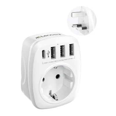 Imagen de LENCENT Adaptador Enchufe UK, para Viaje [3 Puertos USB+1 Tipo C], Europa español 2 Pin a 3 Gran Bretaña Inglaterra, Escocia, Irlanda, Gales, Maldivas (Tipo G)