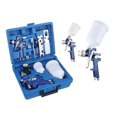 Imagen de Juego de 2 pulverizadores pintura HVLP, boquilla 0.8 mm y 1.4 mm, kit profesional pistola pulverización alimentación por gravedad aire con herramienta