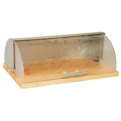 Imagen de Maestro MR 1670S Panera de Mesa para Guardar, Tapa Deslizante, Contenedor Almacenamiento Pan y Bollería, Diseño Elegante, Acero Inoxidable, Madera, Acrílico, Bread Box, 39 x 26 15 cm