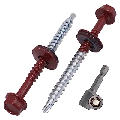 Imagen de SKIR&#039;CO (50 uds) tornillos para techos pintados 4,8 x 60 mm, cabeza hexagonal autoperforantes con arandelas de EPDM (rojo óxido, RAL 3009)