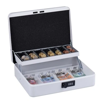 Imagen de Relaxdays Caja Dinero, Combinación 3 Números, Bandeja para Monedas, Cajita Hierro, 8,5 x 30,5 25 cm, Blanco