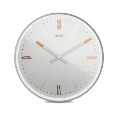 Imagen de Mebus Reloj de Pared TinyTime con números Romanos sin Ruido tictac Diámetro 25 cm Esfera clásica en Gris Claro Caja Plateada Acentos Cobre 19779
