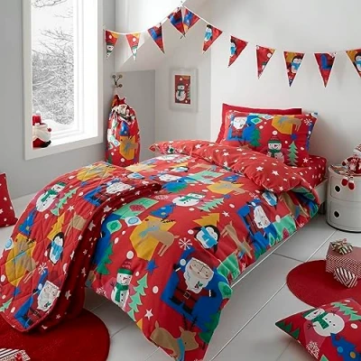 Imagen de Happy Linen Company Niñas Niños Jolly Christmas Navidad Papá Noel Rojo Cama para Cuna Reversible Suave Ropa De Fácil Cuidado Funda Nórdica Juego con Almohada