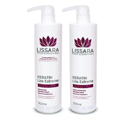 Imagen de LISSARA Duo Champú y Bálsamo Profesional de Peluqueria Suavizante Queratina Brasileña Champu sin Sulfatos ni Parabenos Prolongador Del Alisado Brasileño Made in France 2 x 500ml.