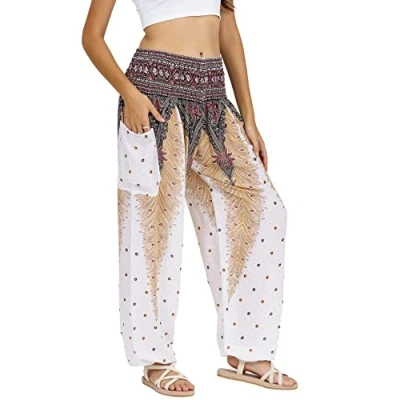 Imagen de Lofbaz Mujer Pantalones Harem Boho de Cintura alforzada Peacock 1 Blanco L