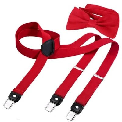 Imagen de DonDon Conjunto de tirantes estrechos y pajarita para hombre, forma Y, ancho 2,5 cm, hecho a mano Elegante accesorio boda, fiesta, smoking Rojo