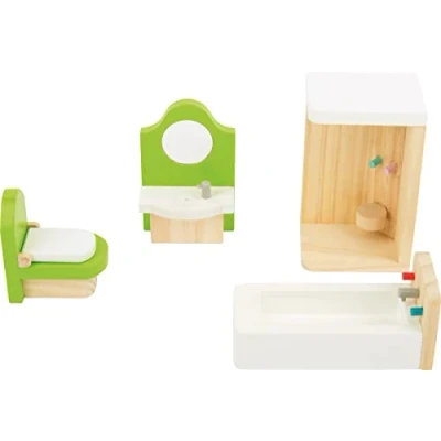Imagen de Small Foot 10872 Mueble de Madera para el baño en una casa muñecas, Incluye Soporte Lavado, bañera, Ducha e Inodoro, Apto Doblar, Accesorios Ideales muñecas niños a Partir 3