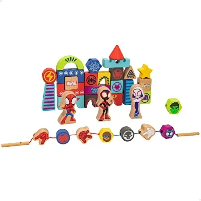 Imagen de WOOMAX 48758 Spidey y su superequipo, Bloques de construcción madera para niños, Juego armar castillos, murallas defensas, colores