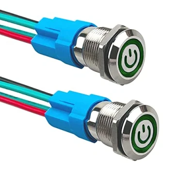 Imagen de Aiqeer 2 Piezas 12 mm Interruptores de Botón Autoblocante, 12V / 24V 3A Interruptor LED Verde, Pulsador Metálico Impermeable, con Enchufe Precableado