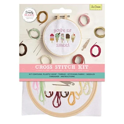 Imagen de Simply MAKE kit de punto cruz, diseño helado para niños y adultos, incluye aro, hilo bordar, tela aguja, perfecto manualidades adultos principiantes, cruz